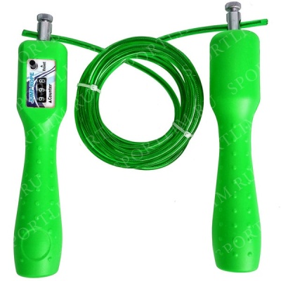 Скакалка со счетчиком 2,8 м. Полые пластиковые ручки, металлическое крепление + металлический тросс в цветной полимерной оплетке (зеленая) R18157-4
